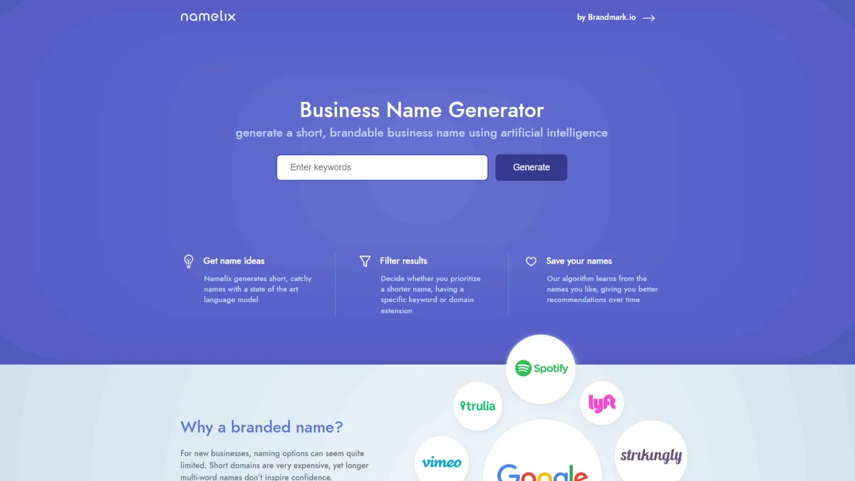 Namelix : test de l'interface de ce logiciel de brainstorming par IA pour entreprise