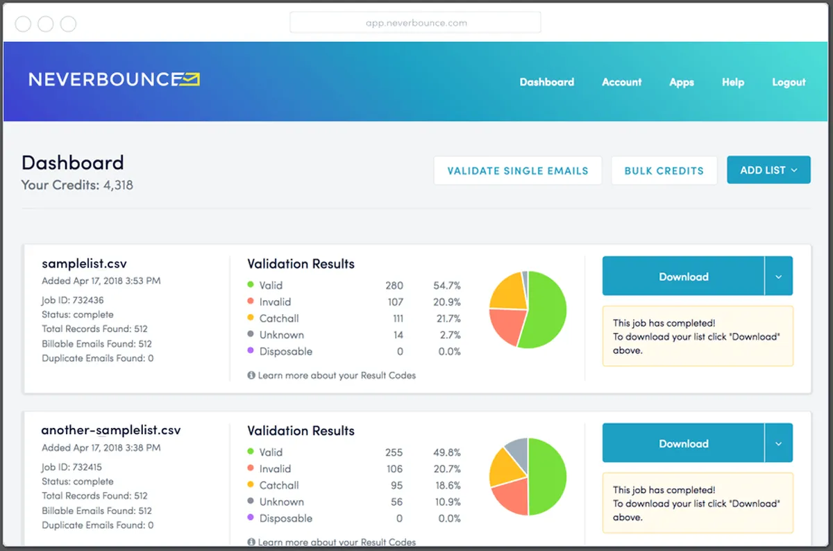 NeverBounce : test de l'interface de ce logiciel de vérification d'adresses email pour entreprise NeverBounce : test de l'interface de ce logiciel de vérification d'adresses email pour entreprise