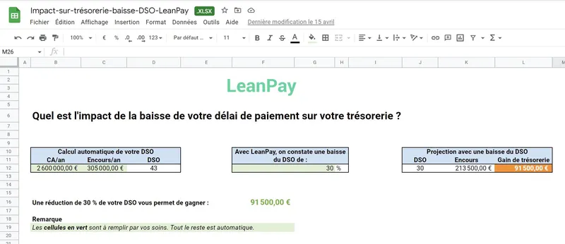 Optimiser le DSO : LeanPay offre aussi un fichier Excel pour calculer l'impact du DSO sur la trésorerie Optimiser le DSO : LeanPay offre aussi un fichier Excel pour calculer l'impact du DSO sur la trésorerie