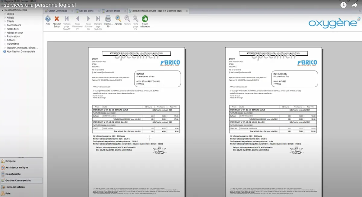 Oxygène Gestion Commerciale : attestation fiscale
