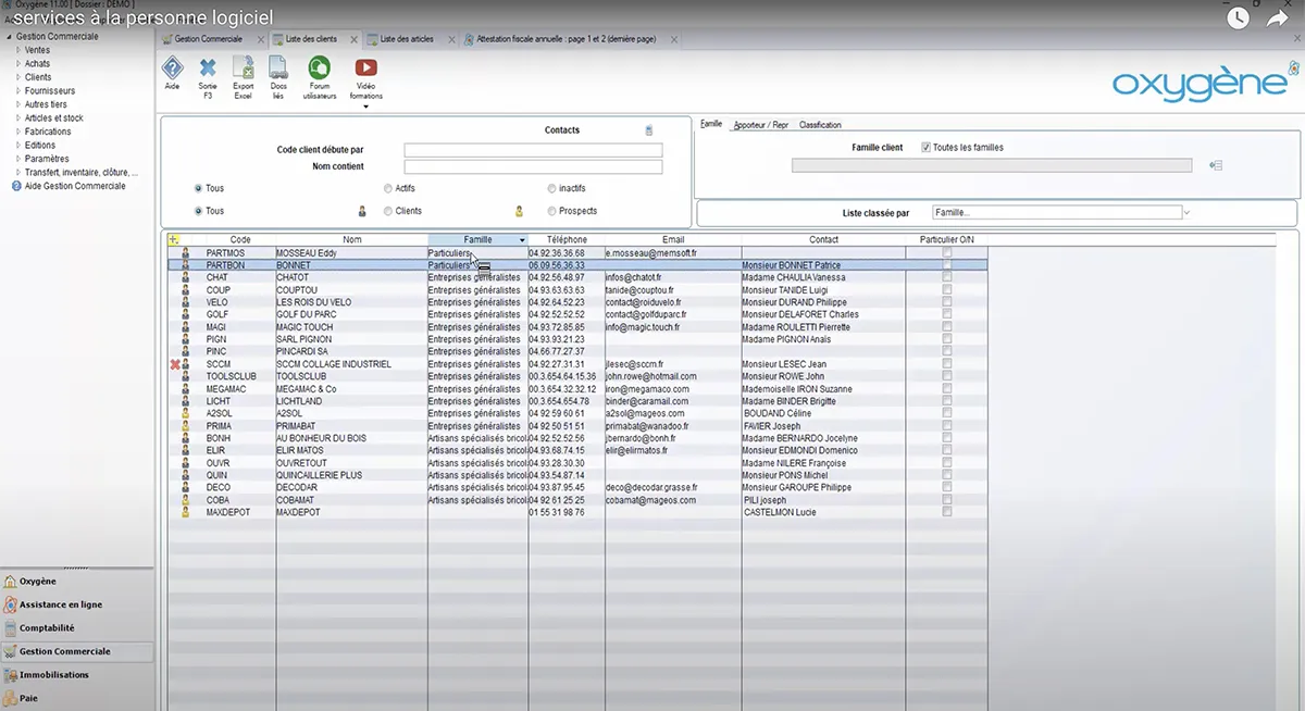 Oxygène Gestion Commerciale : liste clients