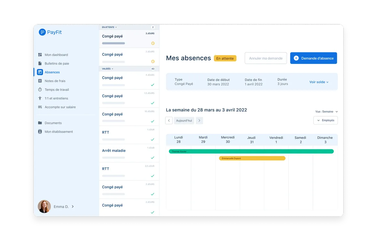 PayFit : Capture d'écran gestion des absences PayFit : Capture d'écran gestion des absences