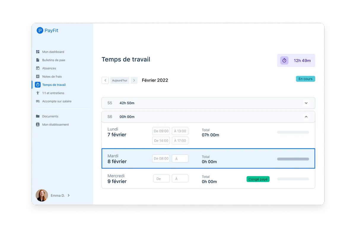 PayFit : Capture d'écran gestion des temps PayFit : Capture d'écran gestion des temps