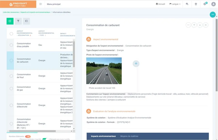 Previsoft : fonctionnalités analyse environnementale Previsoft : fonctionnalités analyse environnementale