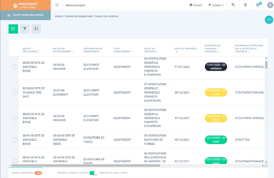 Previsoft : capture d'écran logiciel gestion des équipements Previsoft : capture d'écran logiciel gestion des équipements