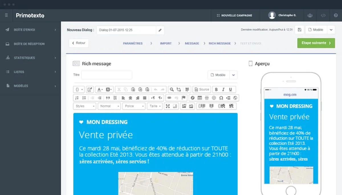 Primotexto : test de l'interface de ce logiciel d'envoi de SMS marketing pour entreprise