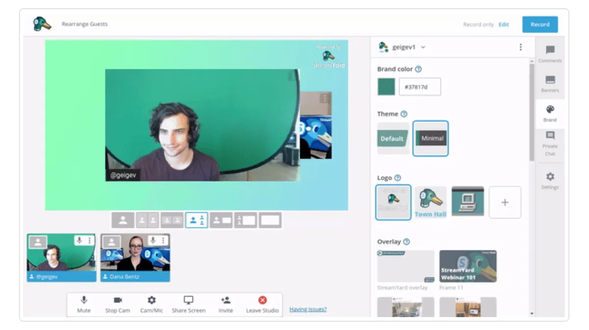 Streamyard : test de l'interface de cette plateforme de vidéo / live streaming pour entreprise