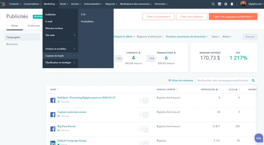 Suite CRM de HubSpot : capture d'écran : Marketing Hub : publicité Suite CRM de HubSpot : capture d'écran : Marketing Hub : publicité