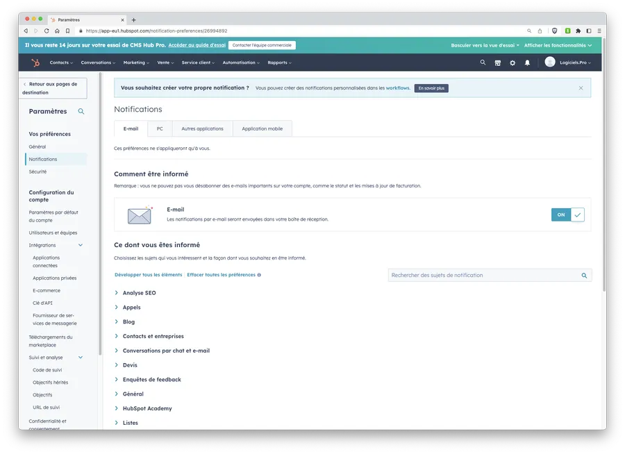 Suite CRM de HubSpot : capture d'écran : configuration & réglages Suite CRM de HubSpot : capture d'écran : configuration & réglages