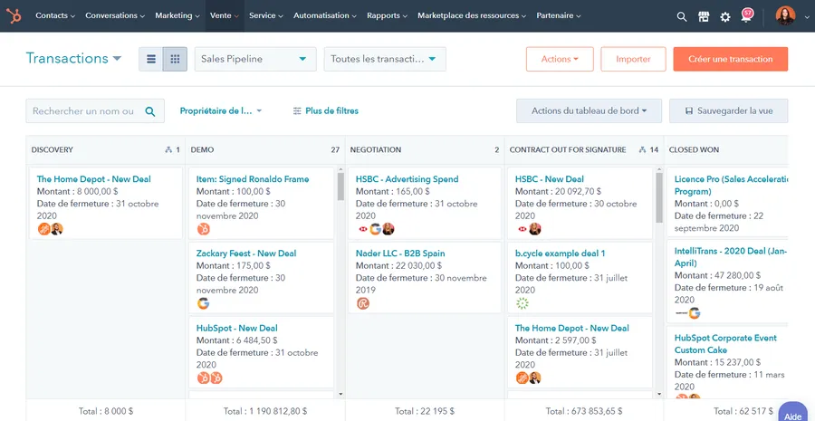 Suite CRM de HubSpot : capture d'écran : Sales Hub : pipeline Suite CRM de HubSpot : capture d'écran : Sales Hub : pipeline