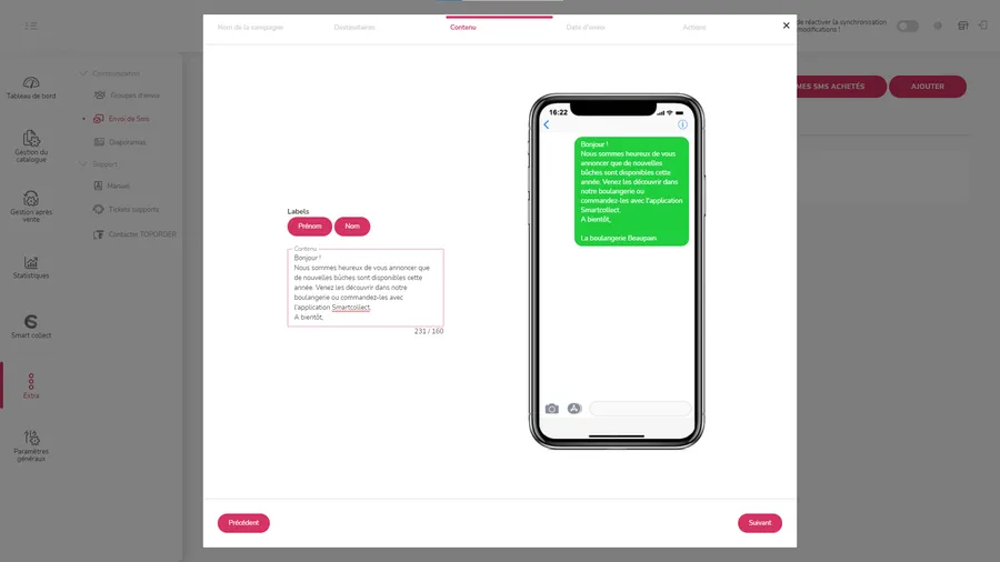 Toporder : interface envoi SMS