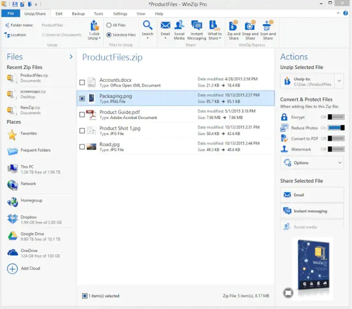 WinZip : test de l'interface de ce logiciel convertisseur de fichiers pour entreprise